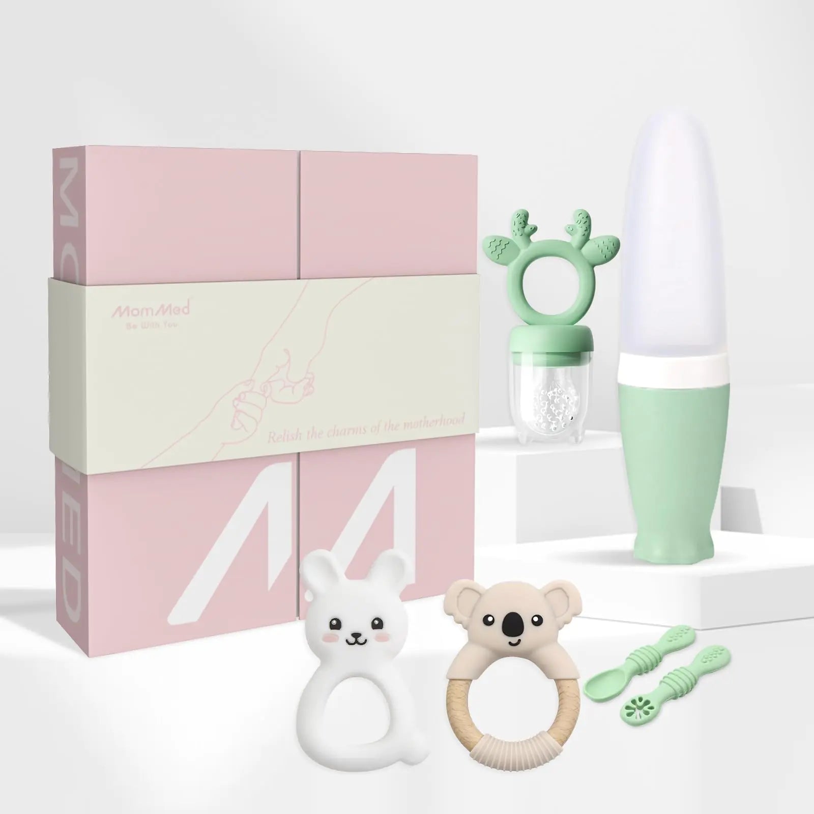 MomMed Baby Feeding Essentials Set Including Baby Fruit Food Feeder Baby Spoons Teething Toys Baby Led Weaning Supplies for Babies 3-24 Months Baby Shower Gifts New Mom Gifts Baby Essentials